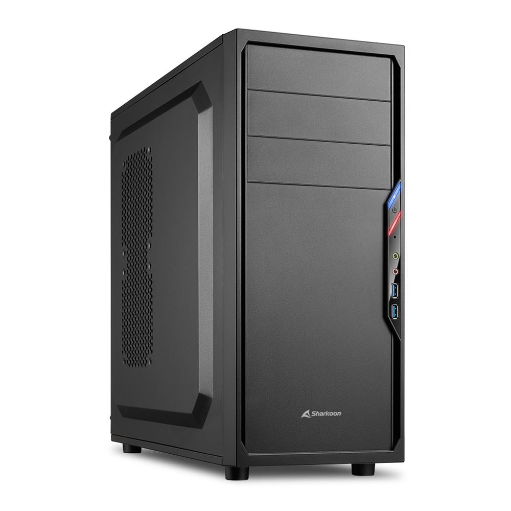 PC assemblato Sharkoon con case nero, design compatto e porte frontali USB.