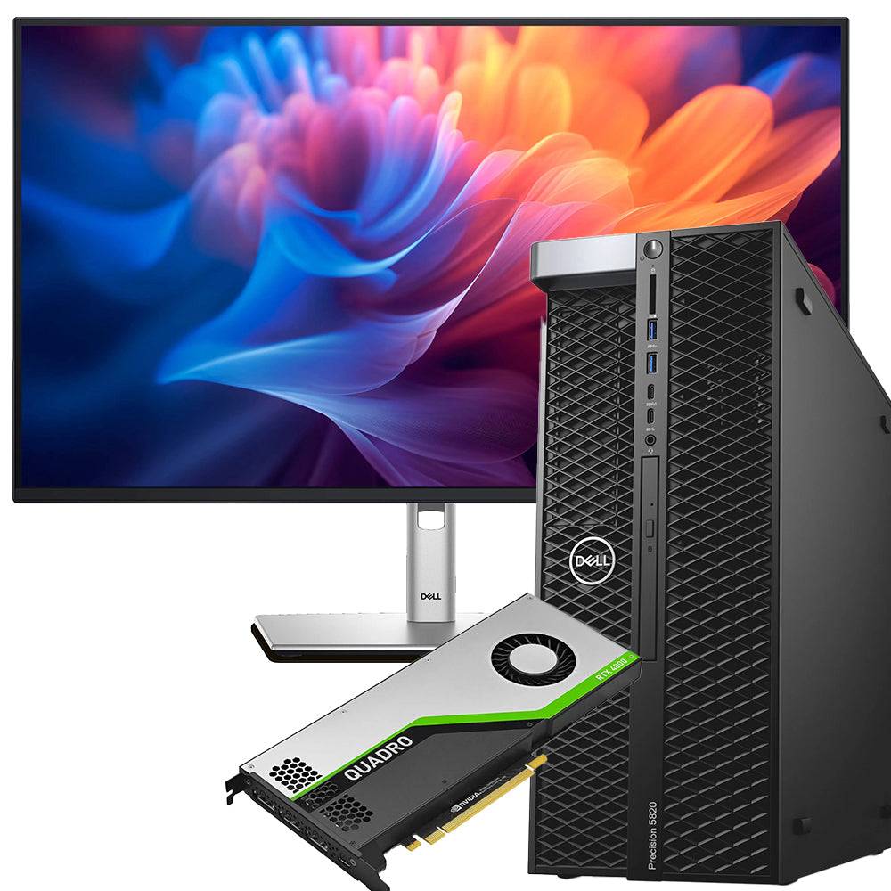 Bundle Dell Precision 5820 con monitor 27 pollici, processore Intel Xeon W-2123, 32GB RAM, SSD 1TB e scheda grafica Nvidia Quadro RTX 4000.