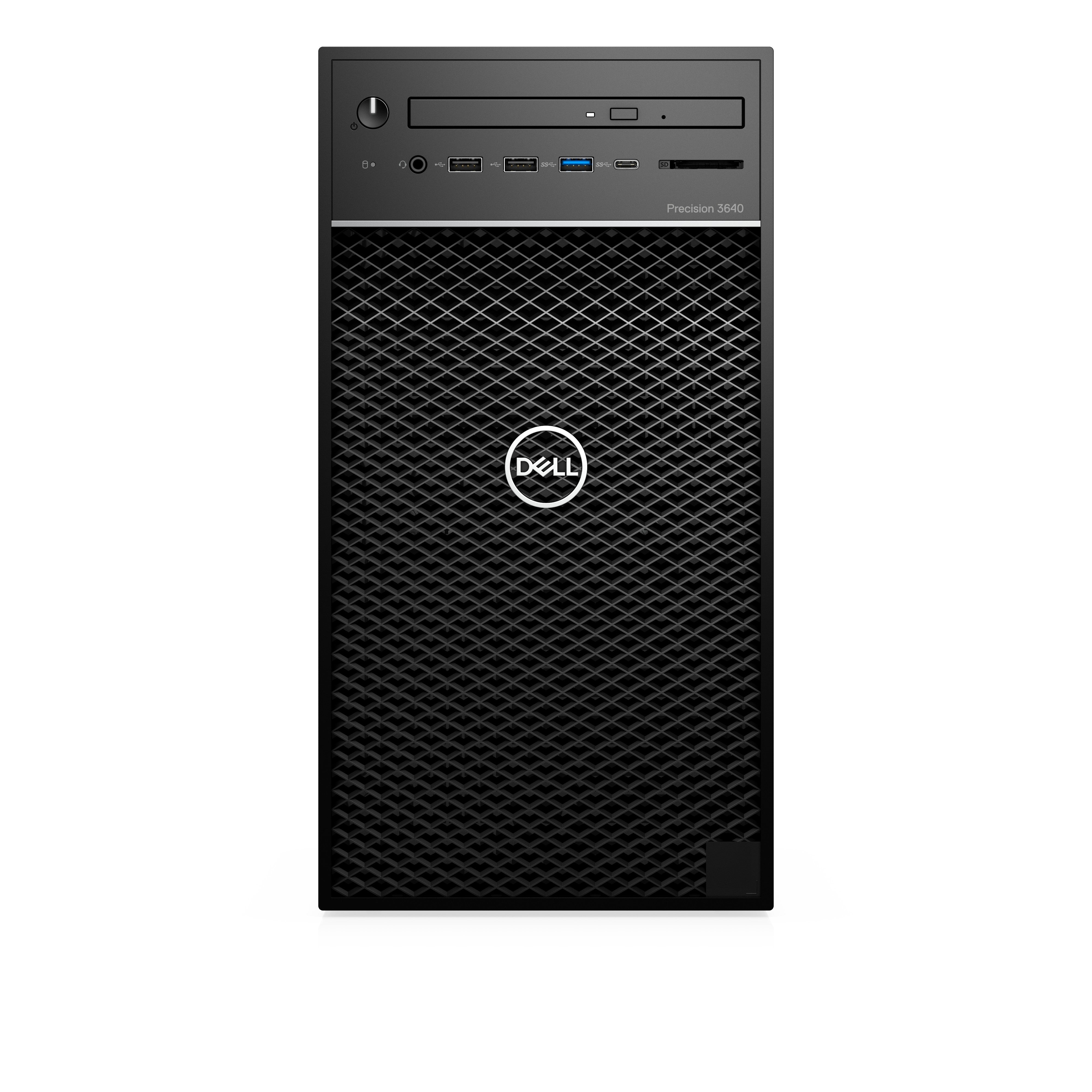 Vista frontale del DELL Precision 3640 Workstation con porte USB, lettore ottico e logo Dell al centro della griglia.