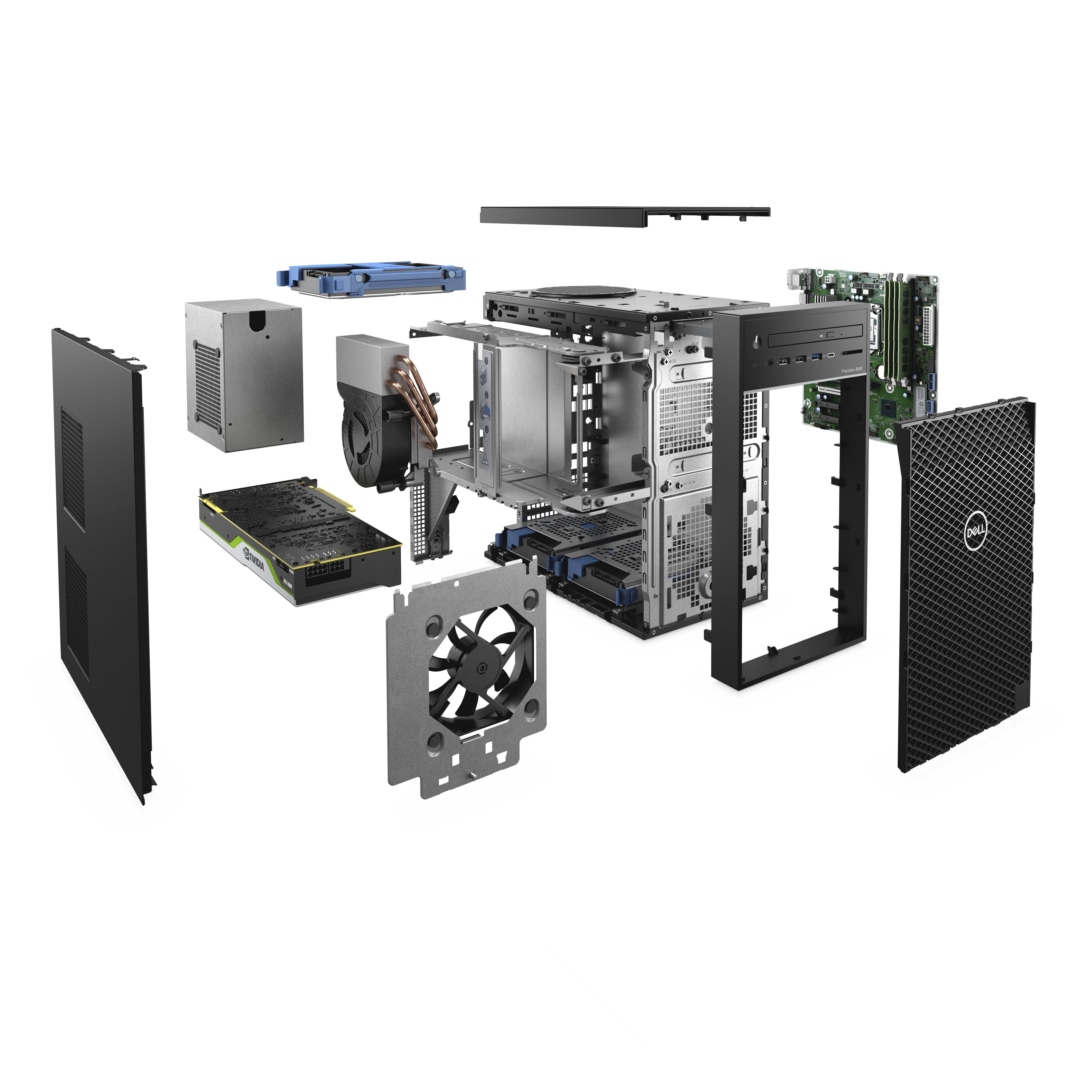 Componenti interni del DELL Precision 3640 Workstation smontati, inclusi scheda madre, ventole e alimentatore.