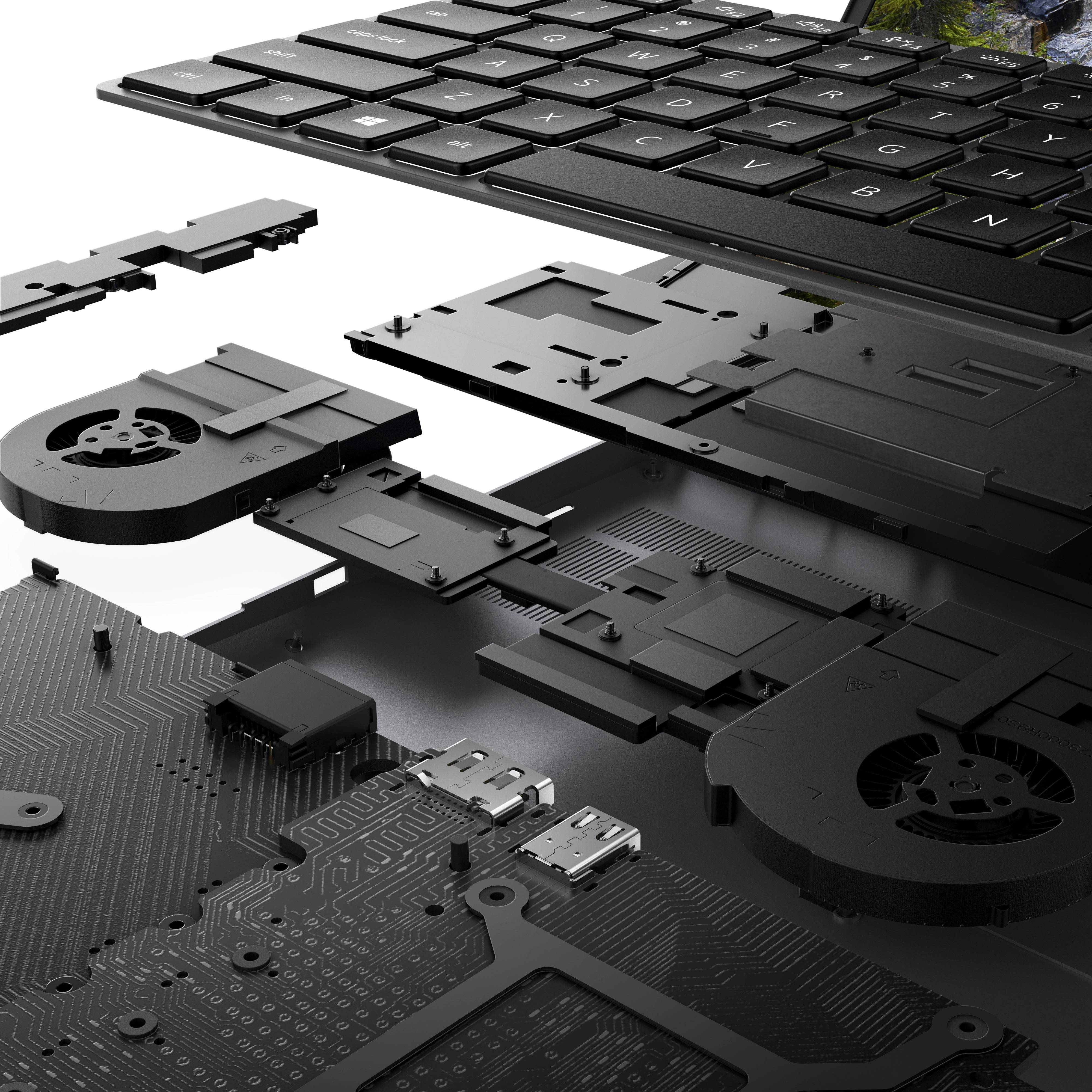 Vista esplosa del design interno del DELL Precision 7760, evidenziando la disposizione dei componenti hardware.