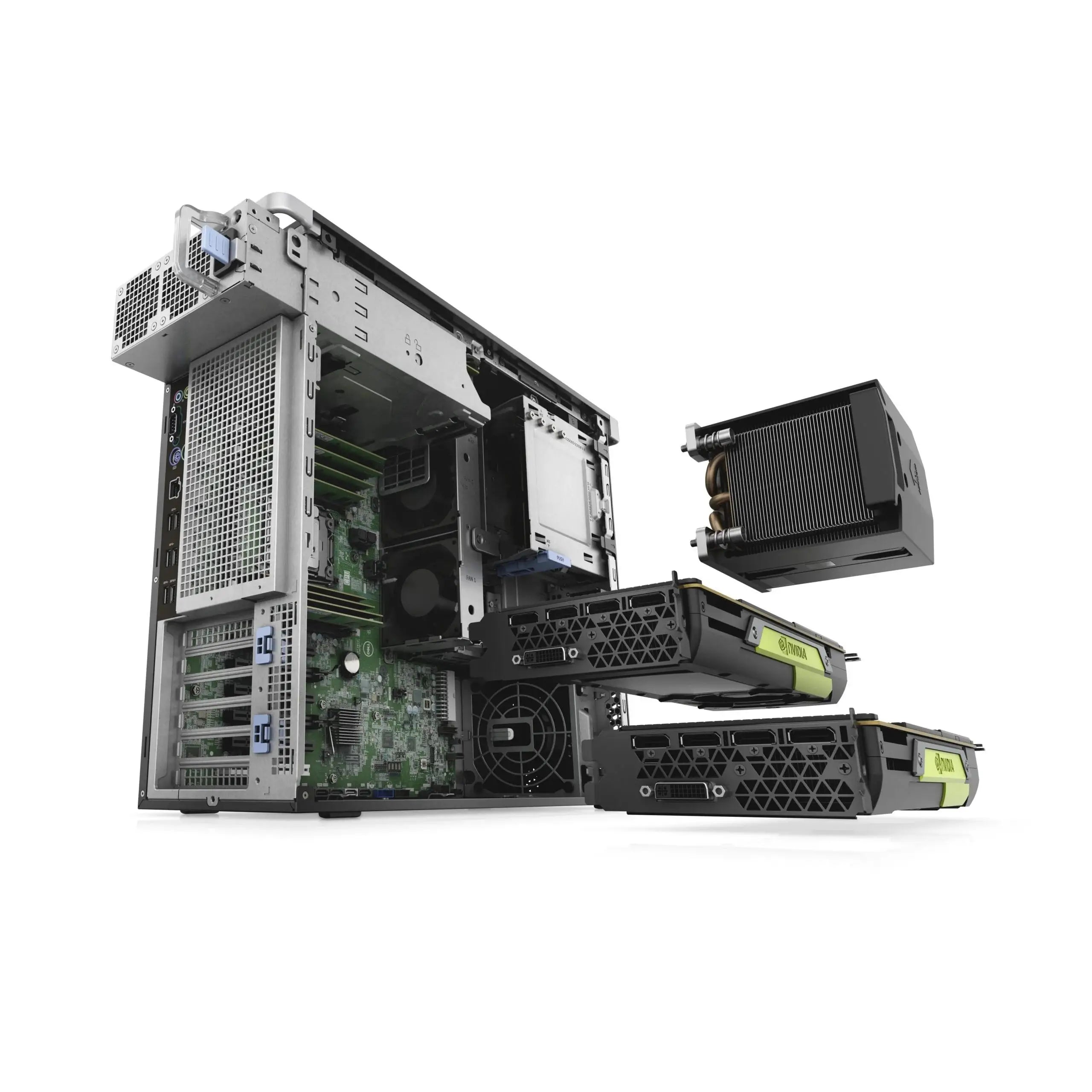 Componenti interni della workstation Dell Precision 5820 con schede grafiche Nvidia Quadro RTX 4000 e sistema di raffreddamento.