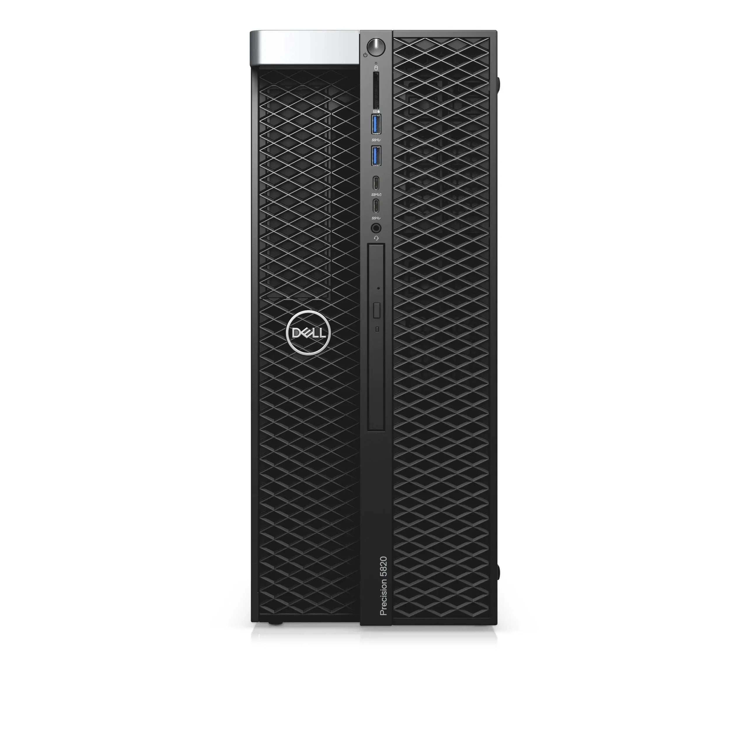 Vista frontale della workstation Dell Precision 5820 con logo Dell e porte USB accessibili.