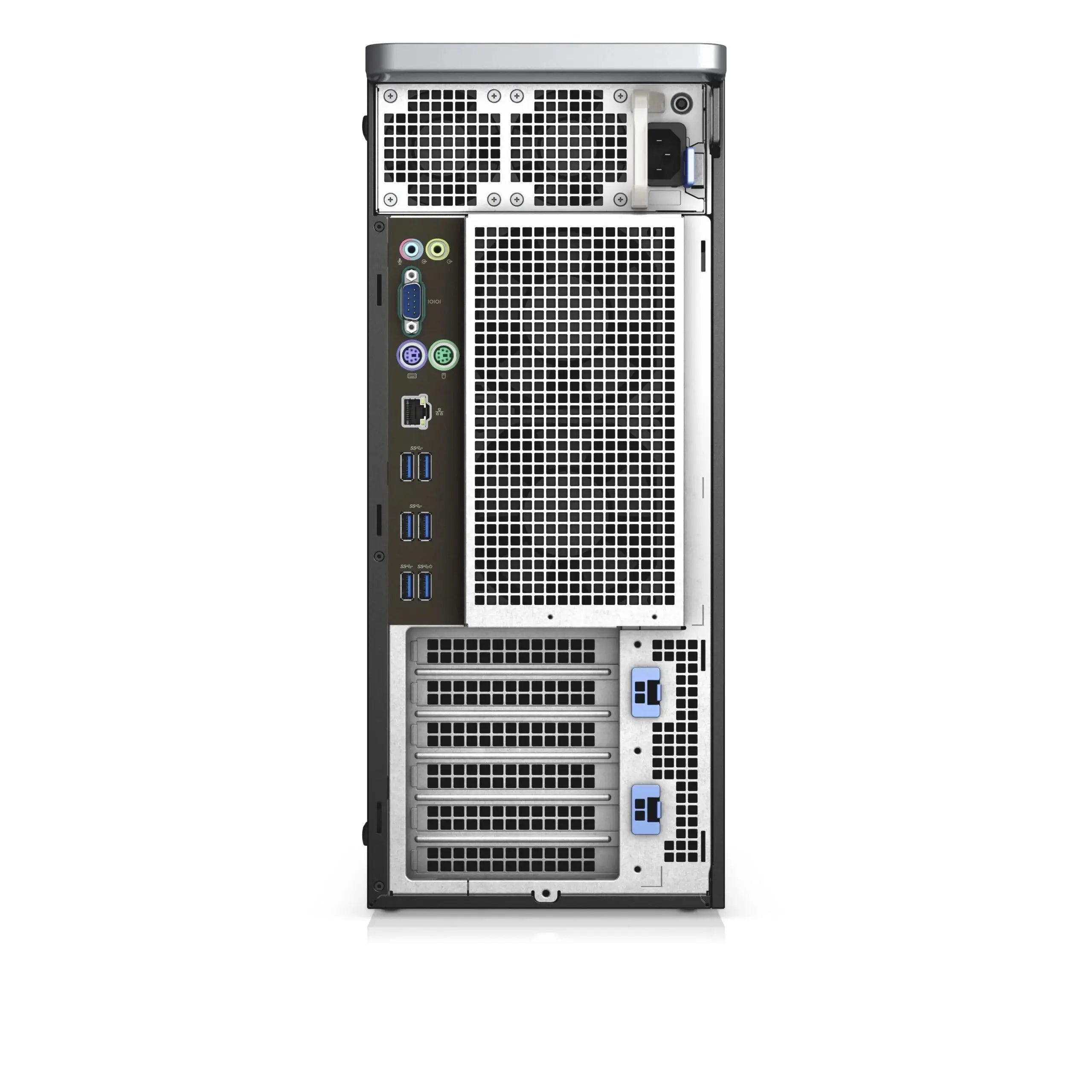 Vista posteriore della workstation Dell Precision 5820 con porte di connettività multiple e sistema di raffreddamento.