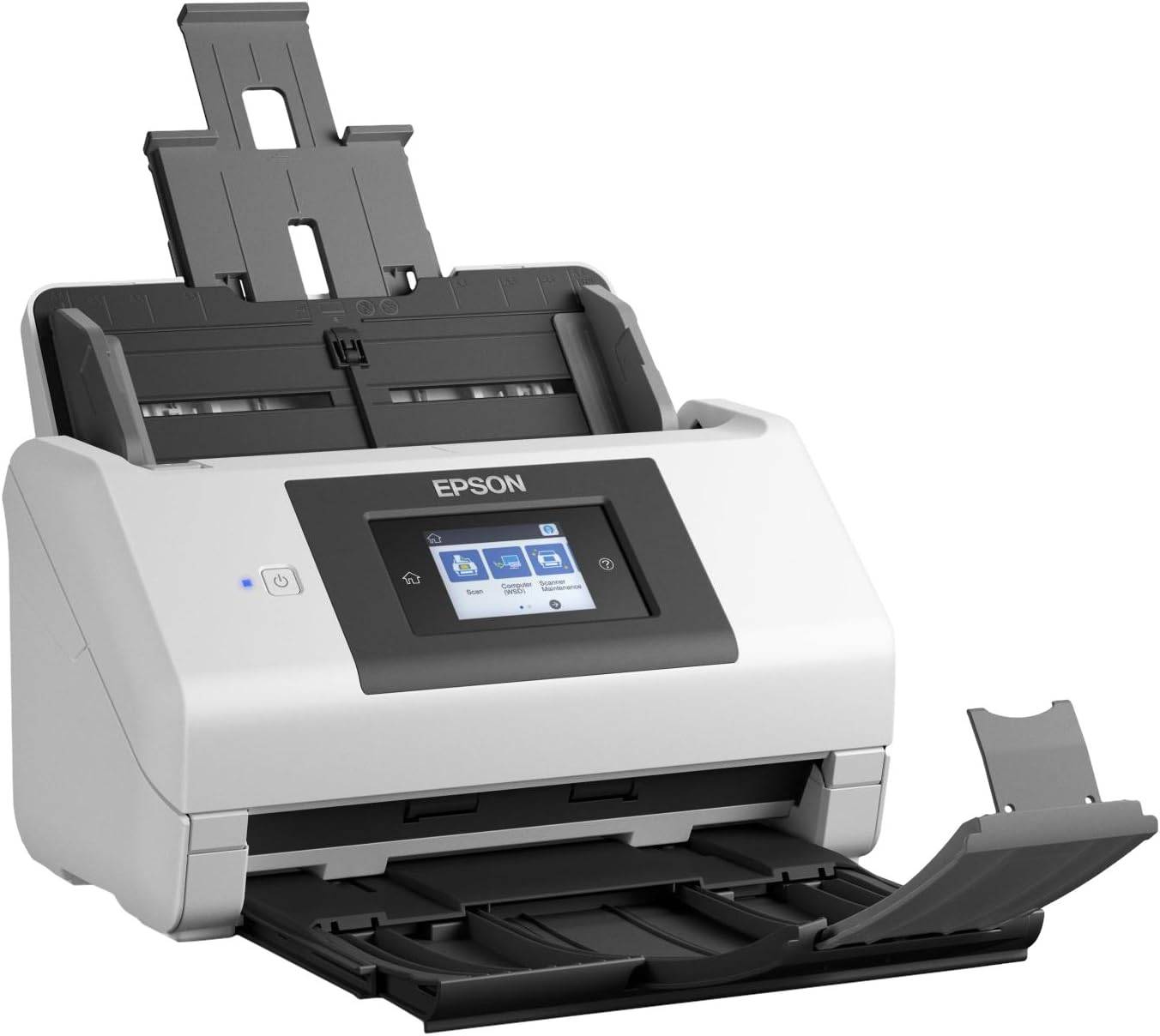 Scanner Epson DS-780N con design compatto e display touchscreen. Offre scansioni di alta qualità a 45 pagine al minuto con rete integrata.