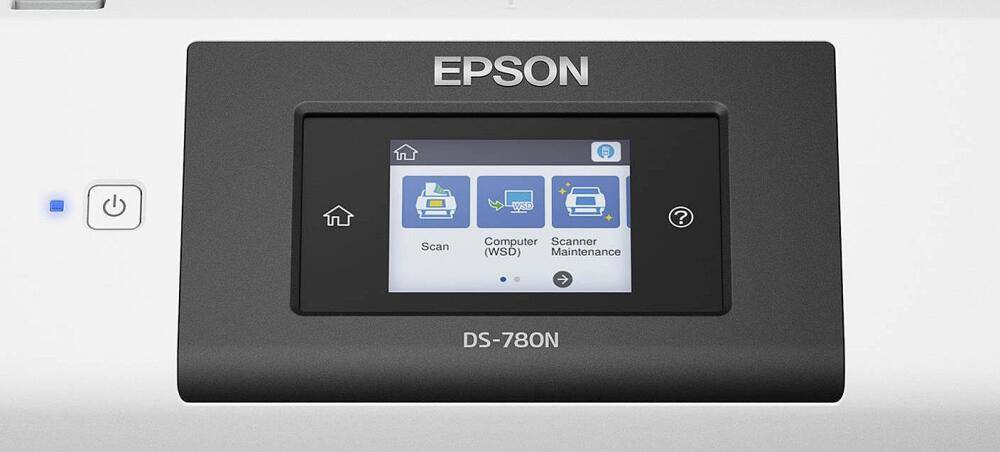 Primo piano del display touchscreen dell'Epson DS-780N. Interfaccia intuitiva per una gestione semplice delle scansioni e delle impostazioni.