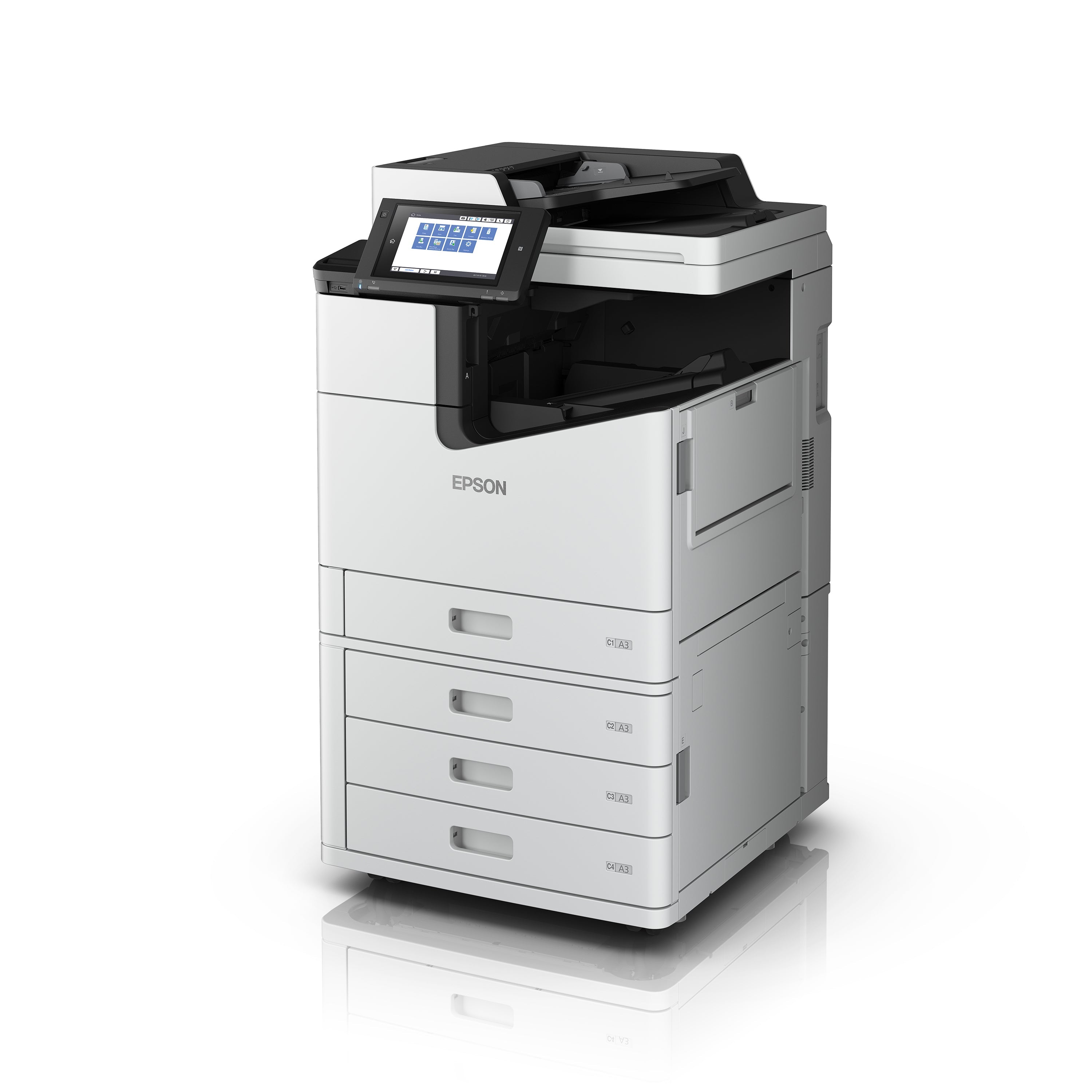 Stampante multifunzione Epson WF-C20590 con design compatto, display touchscreen e cassetti per carta ad alta capacità per uffici ad alto volume.