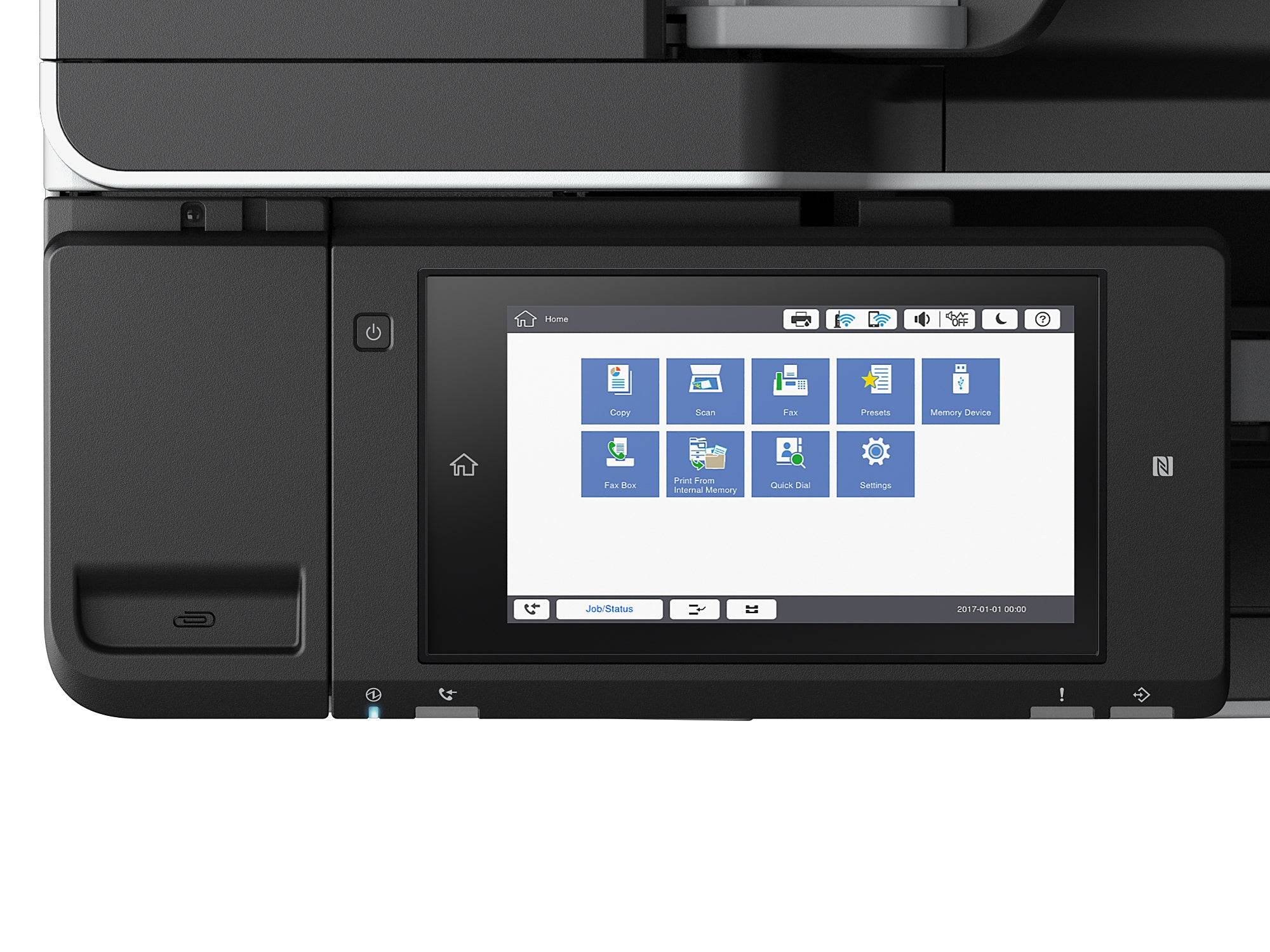 Primo piano del display touchscreen della Epson WF-C20590 con icone intuitive per funzioni di copia, scansione, stampa e gestione documentale.