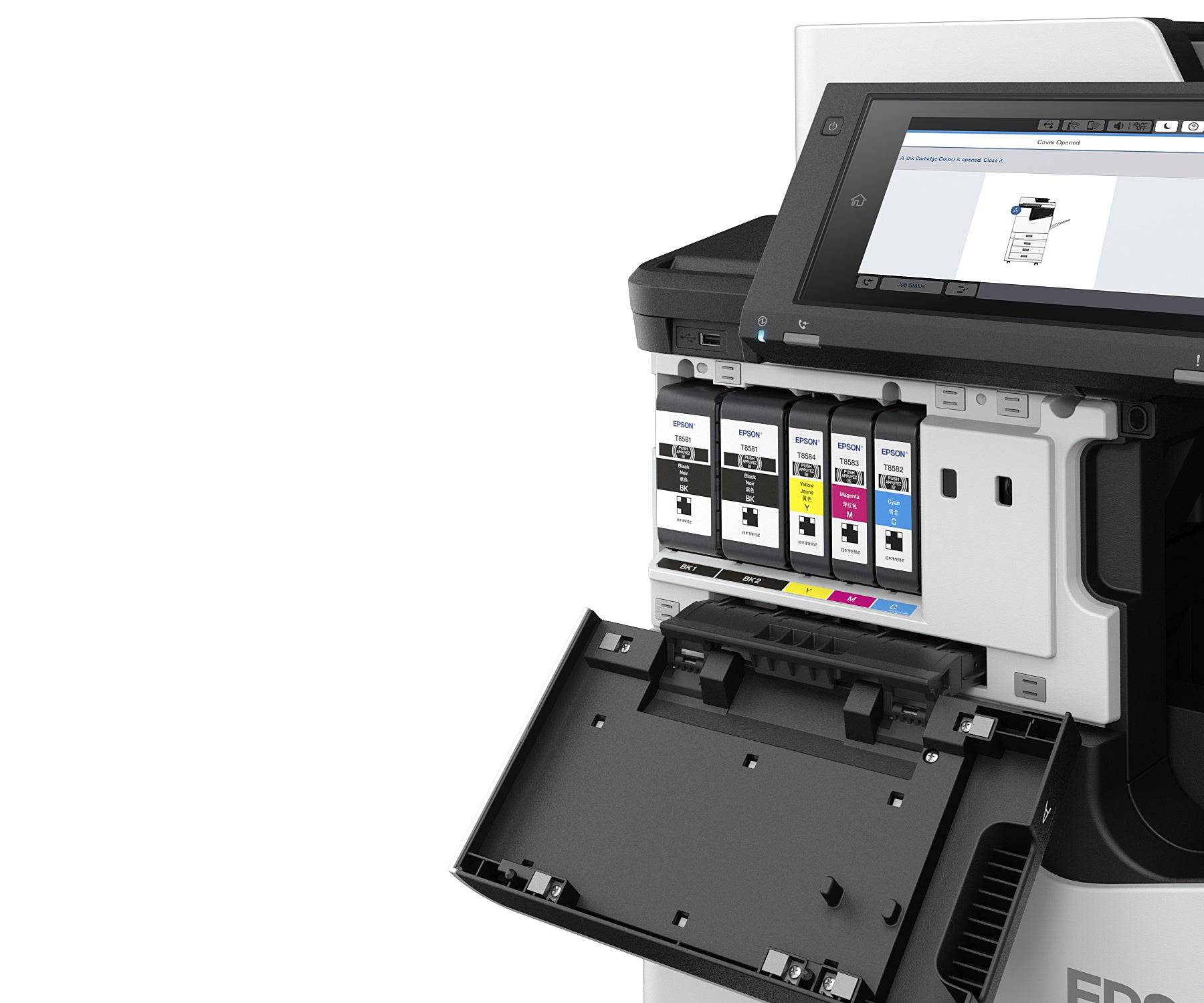 Vista del vano cartucce della Epson WF-C20590 con inchiostri a colori ad alta capacità per una stampa efficiente e duratura.