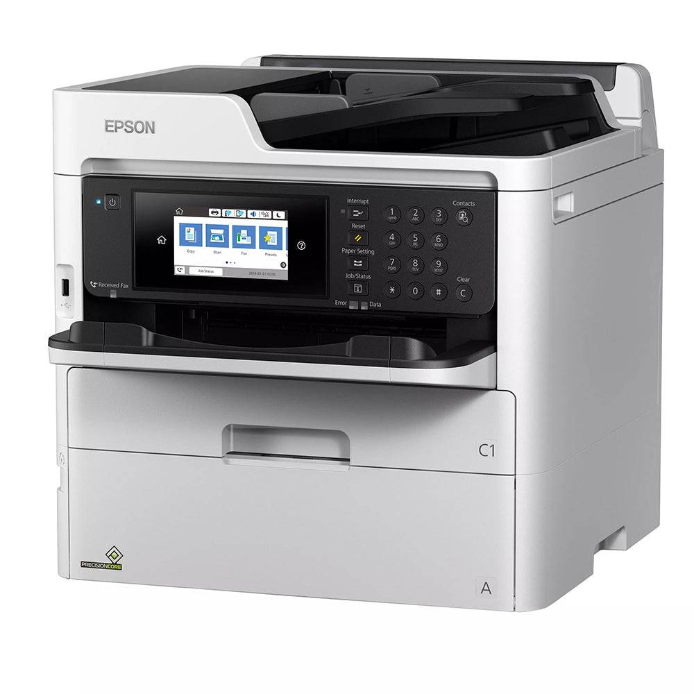 Stampante multifunzione Epson WorkForce Pro WF-C579R a colori con sistema RIPS, display touchscreen e alimentatore automatico di documenti.