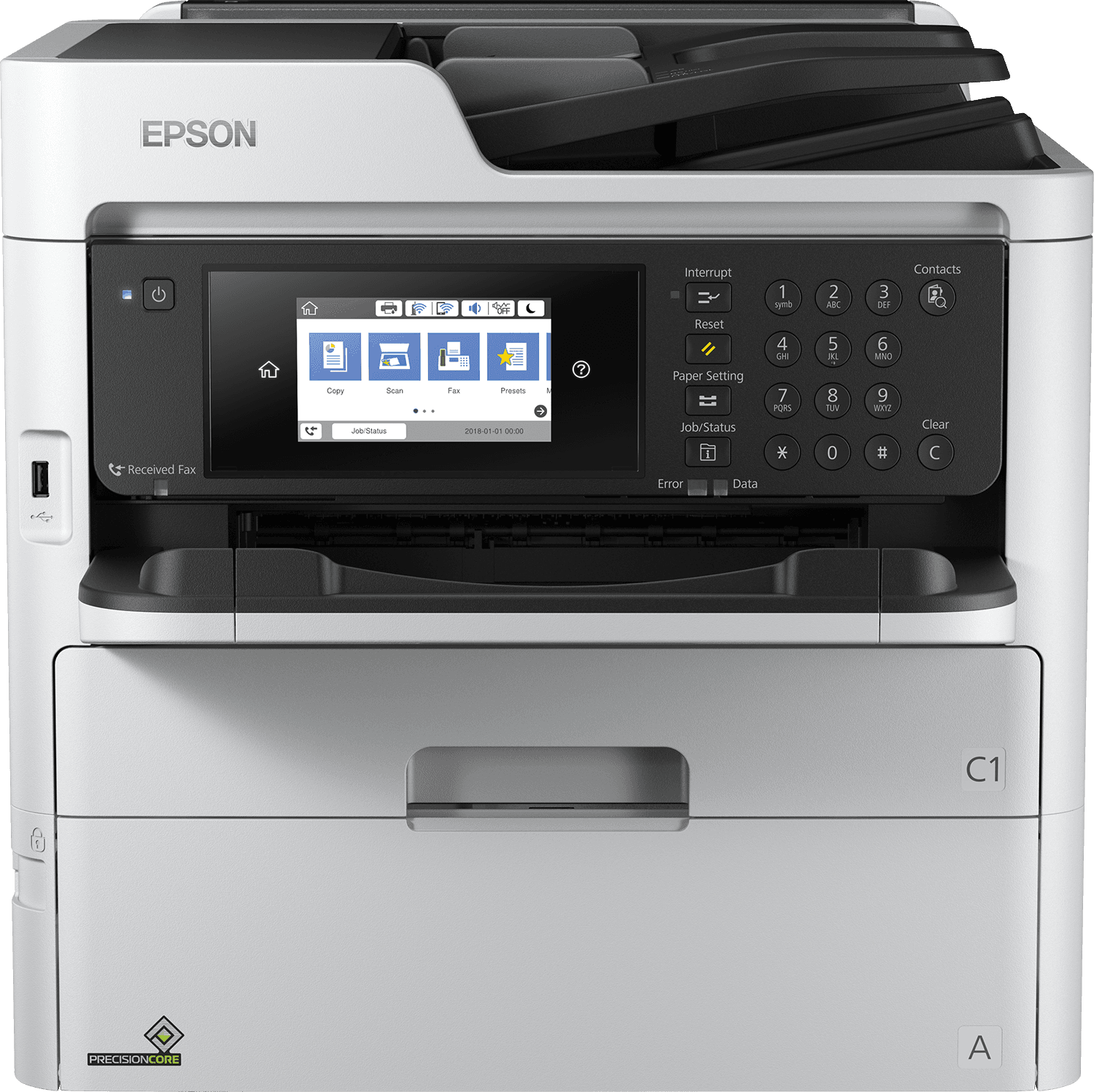 Vista frontale della Epson WorkForce Pro WF-C579R con pannello di controllo touchscreen e tastierino numerico per gestione avanzata delle funzioni.