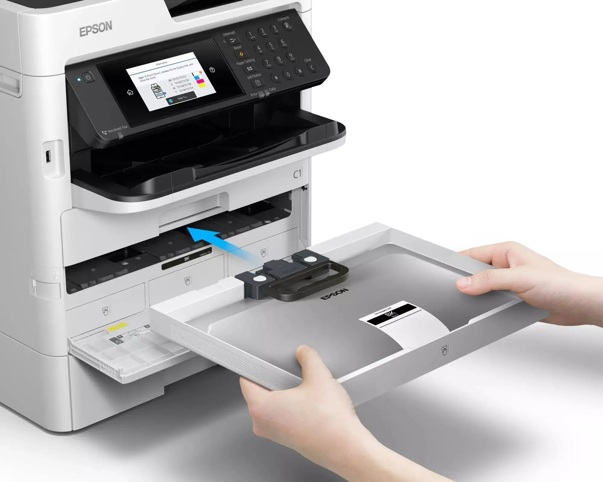 Sostituzione del serbatoio di inchiostro ad alta capacità nella Epson WorkForce Pro WF-C579R, ottimizzando la produttività e riducendo i tempi di fermo.