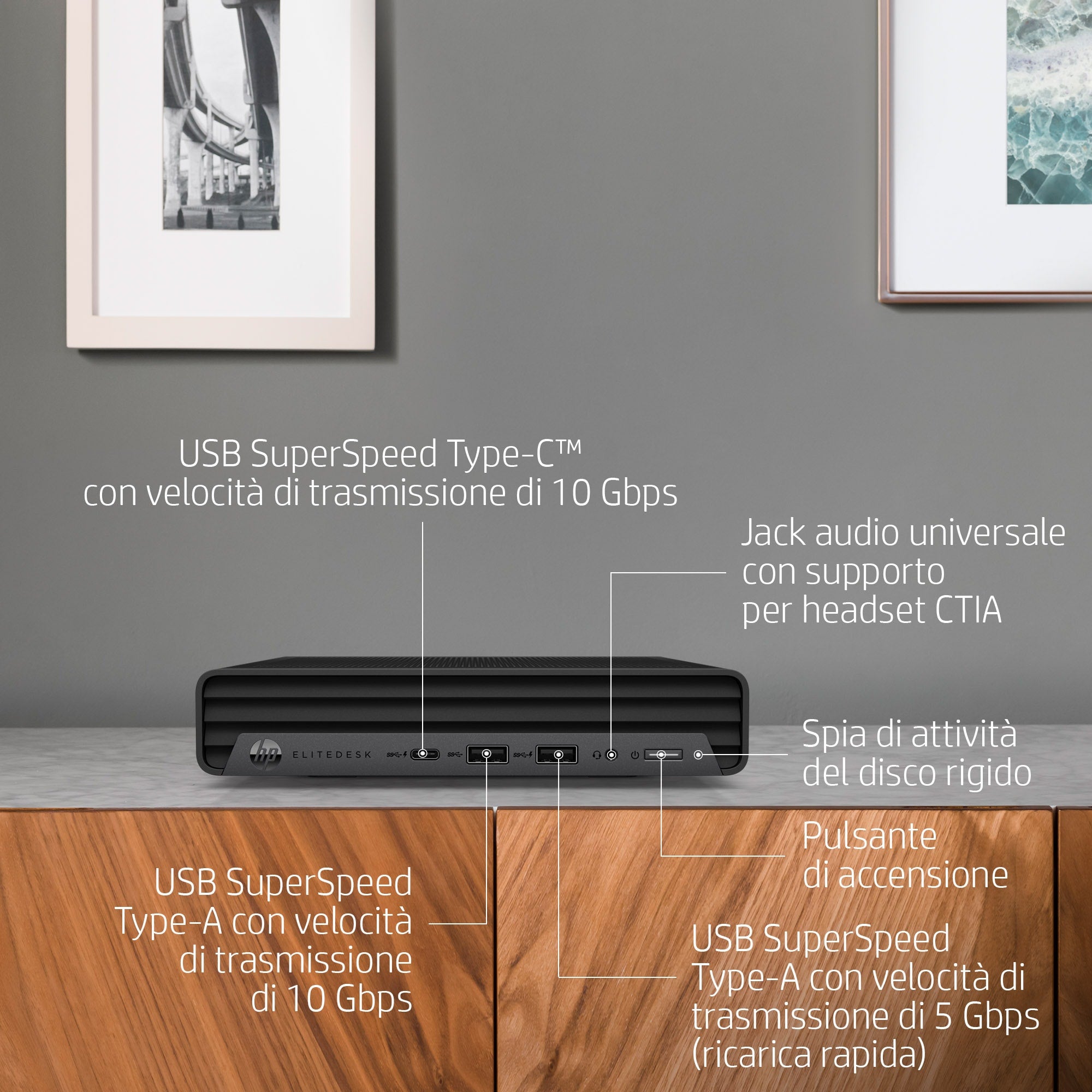 HP EliteDesk 400 G6 Mini PC su scrivania con descrizione delle porte USB SuperSpeed e jack audio universale.