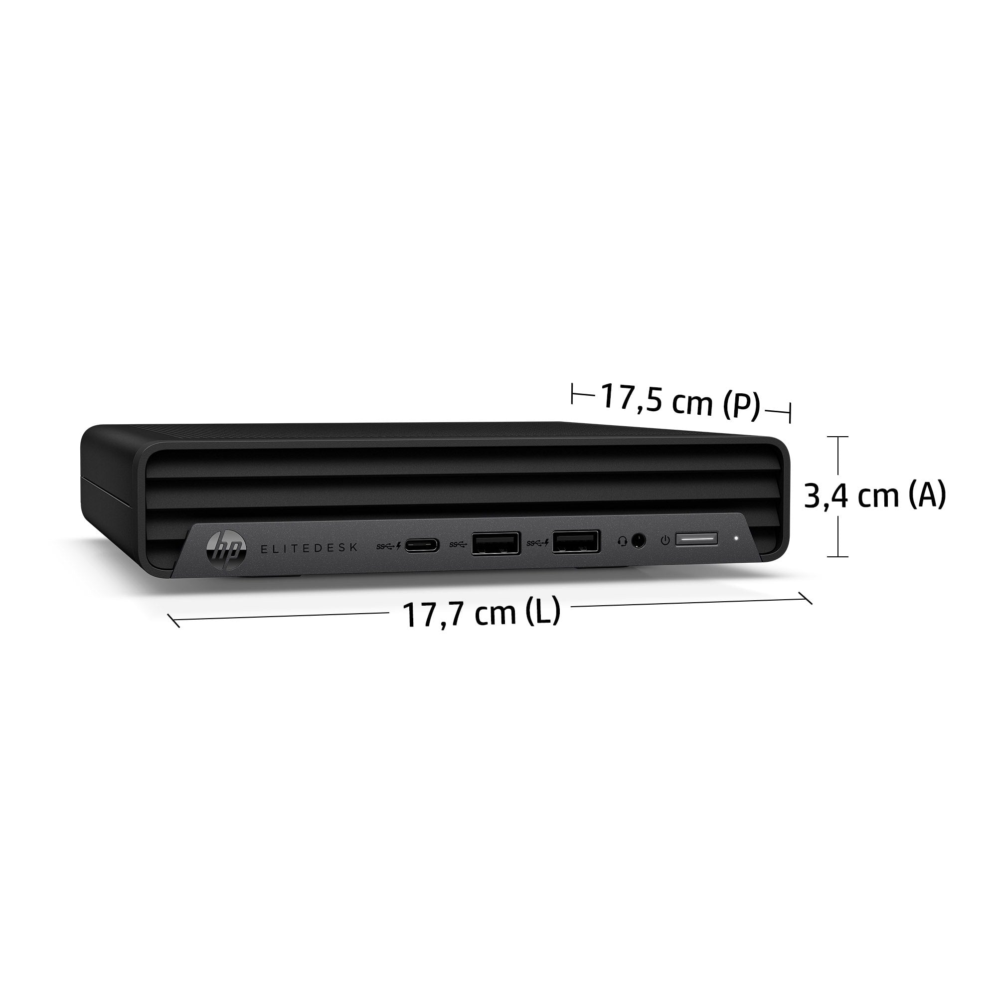 Dimensioni compatte dell'HP EliteDesk 400 G6 Mini PC: 17,7 cm di lunghezza, 17,5 cm di profondità e 3,4 cm di altezza.