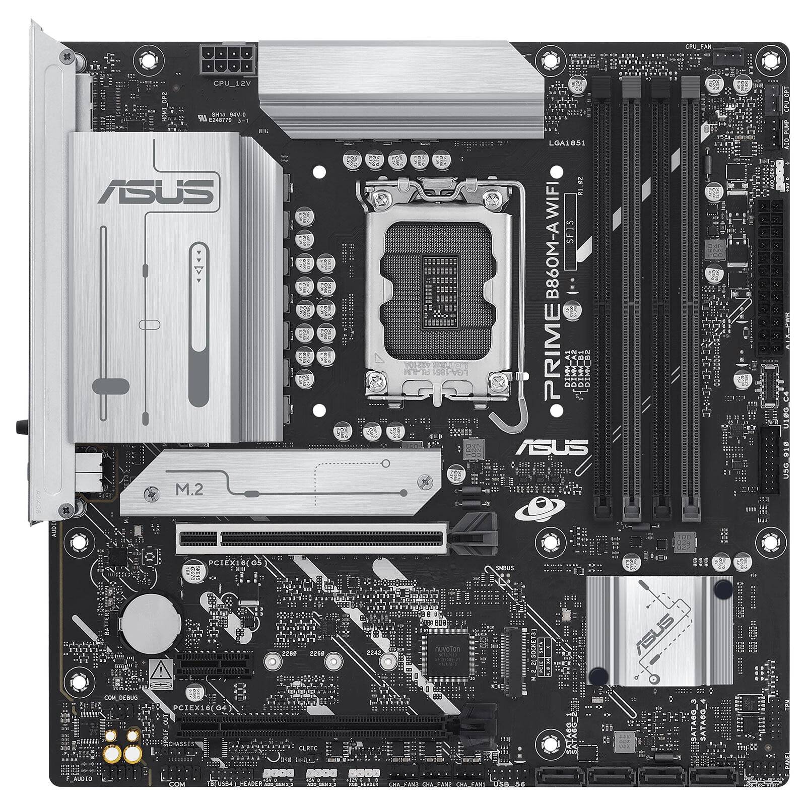 Vista dall'alto della scheda madre ASUS Prime B660M-A WiFi con socket LGA 1700. Ideale per workstation professionali con Intel Core Ultra 7.