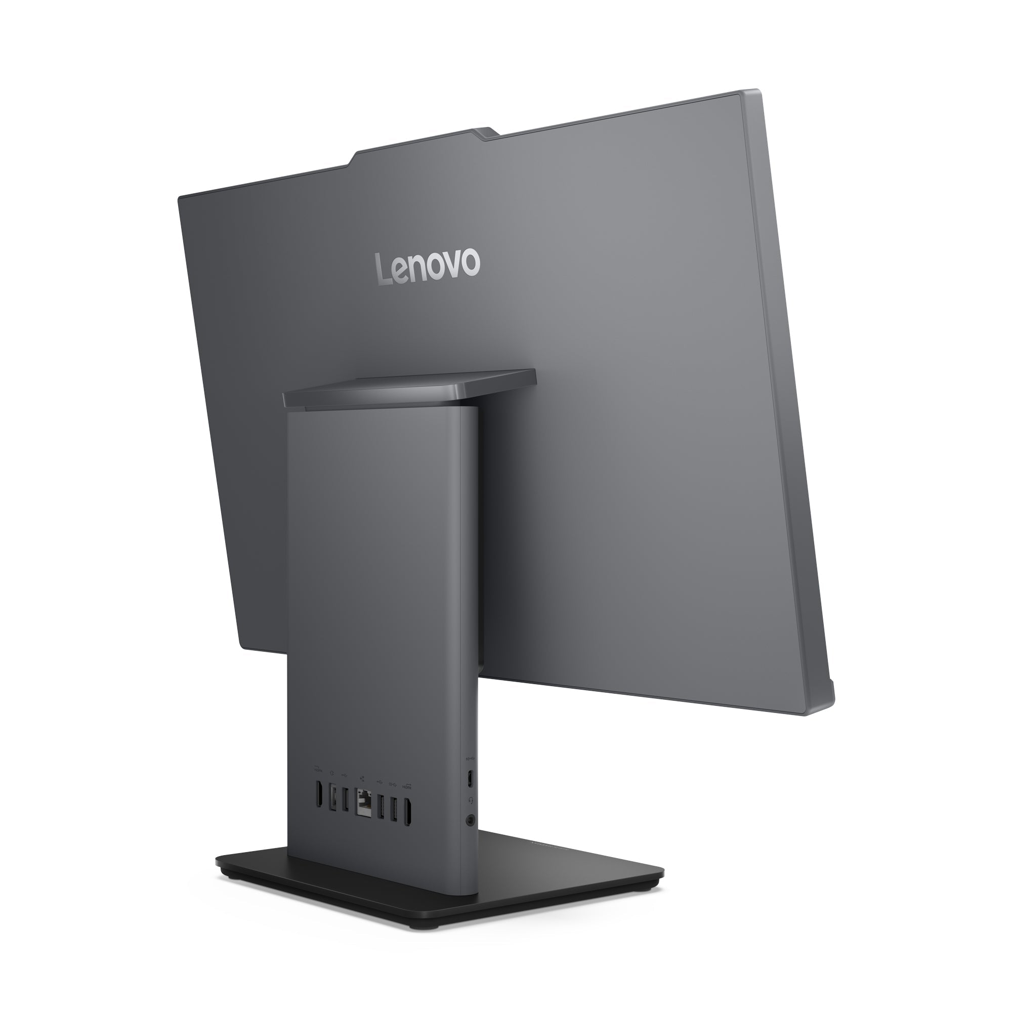 Vista posteriore laterale del Lenovo ThinkCentre Neo 50a 24 All-in-One. Struttura solida con porte USB e connettività avanzata per ogni utilizzo.