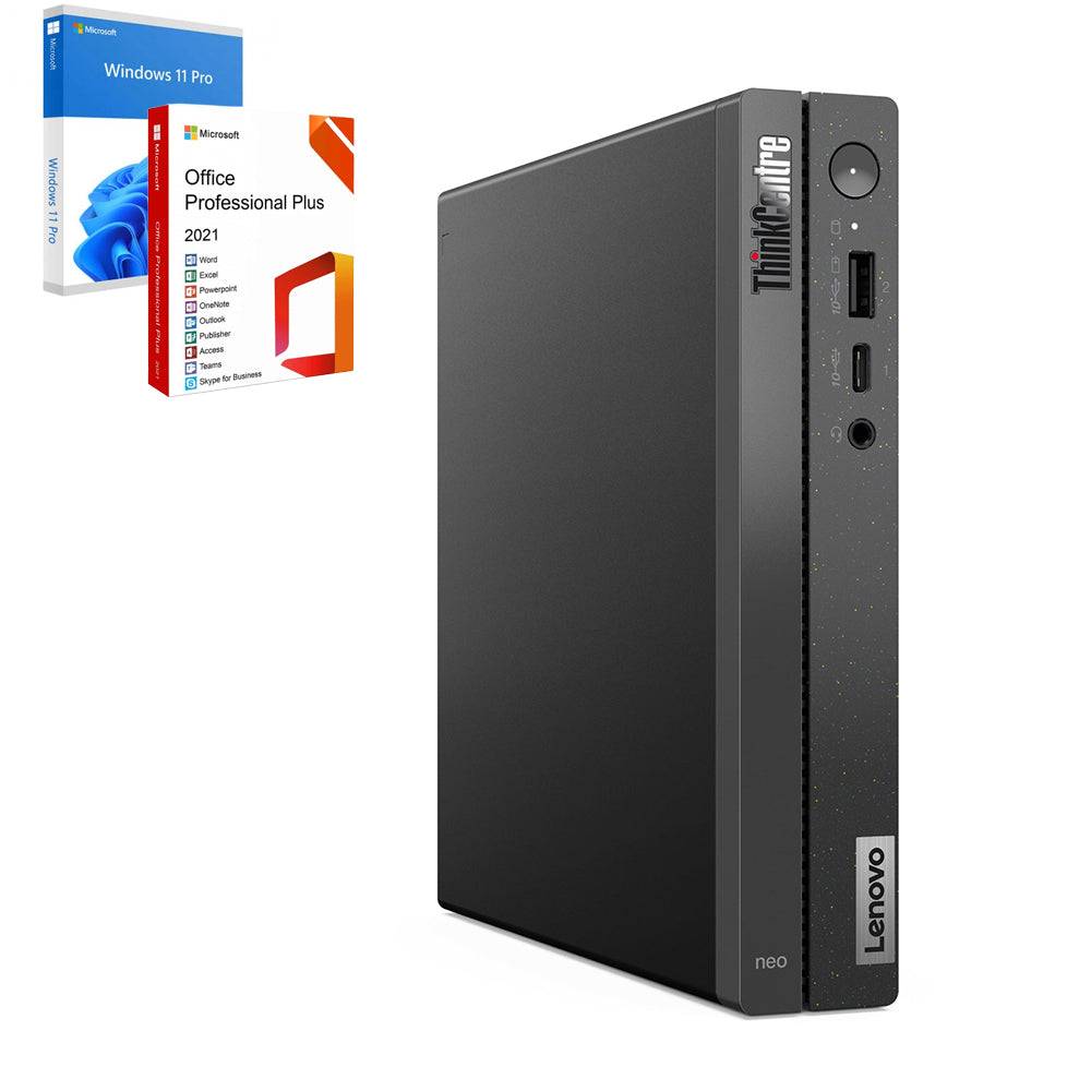 Lenovo ThinkCentre Neo 50q Gen 4 Tiny con Intel Core i5, Windows 11 Pro e Office 2021. Mini PC compatto con opzioni di RAM fino a 32GB e SSD fino a 1TB.