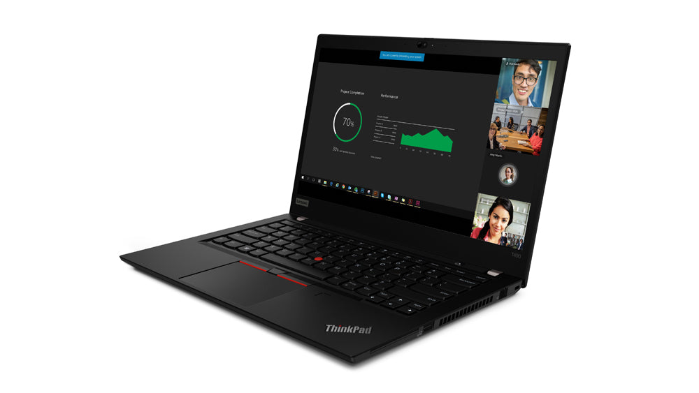 Lenovo ThinkPad T490 in uso per videoconferenze, con schermo Full HD Touch e prestazioni elevate per professionisti.