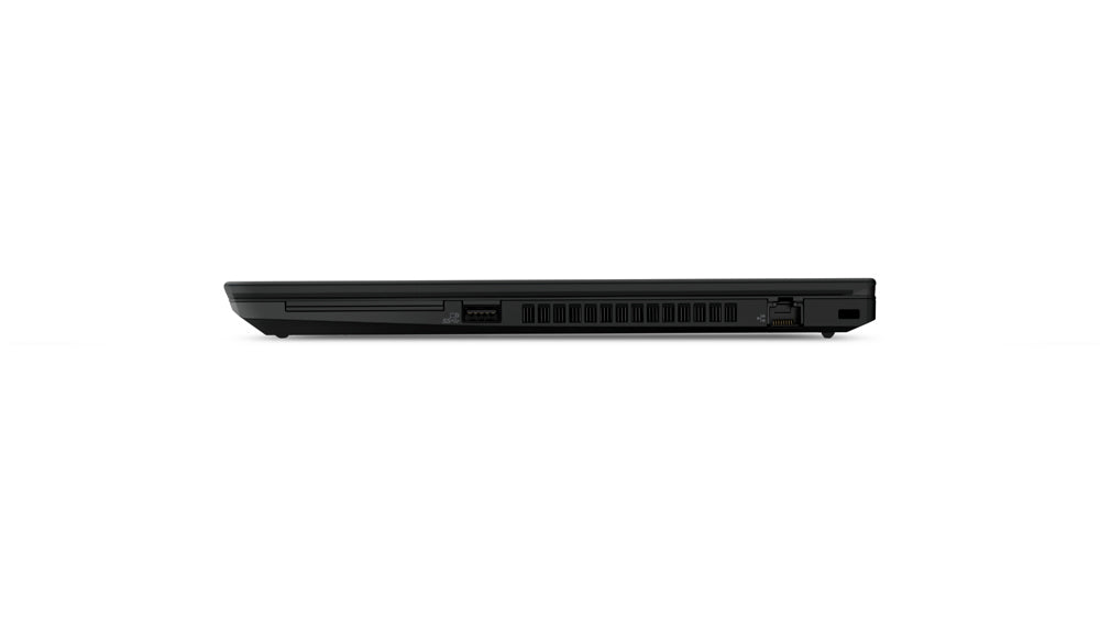 Vista laterale destra del Lenovo ThinkPad T490 chiuso, con porte di rete e ventilazione per prestazioni affidabili.