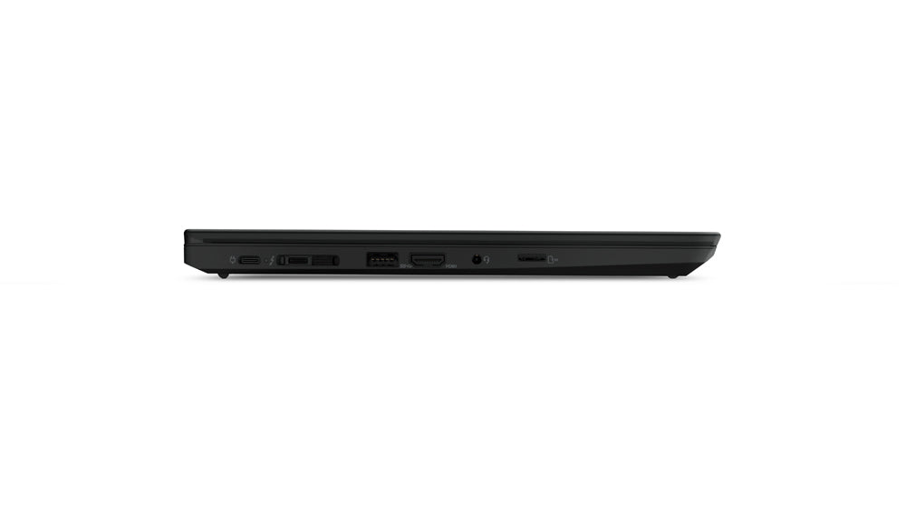 Vista laterale sinistra del Lenovo ThinkPad T490 chiuso, con porte USB, HDMI e lettore di schede per connettività versatile.