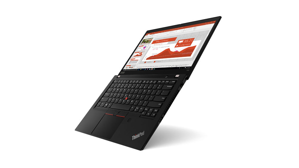 Lenovo ThinkPad T490 inclinato, evidenzia la tastiera retroilluminata e il design compatto per produttività mobile.