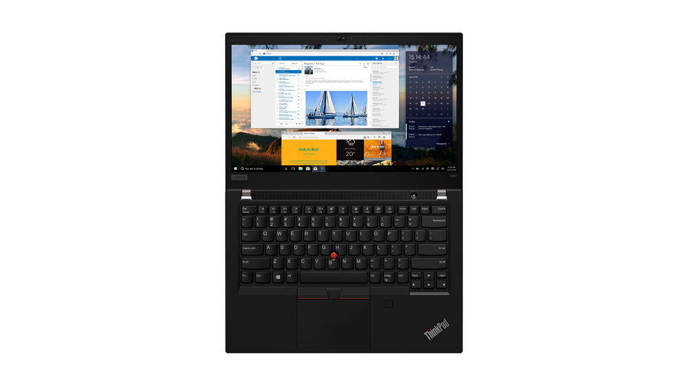 Vista frontale del Lenovo ThinkPad T490 con schermo Full HD Touch da 14 pollici e tastiera ergonomica per lavoro intensivo.