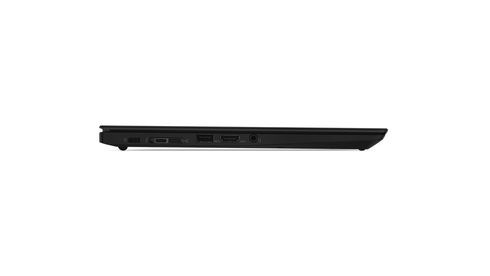 Lenovo ThinkPad T490s lato sinistro con porte HDMI, USB e jack audio. Laptop versatile per lavoro e intrattenimento.