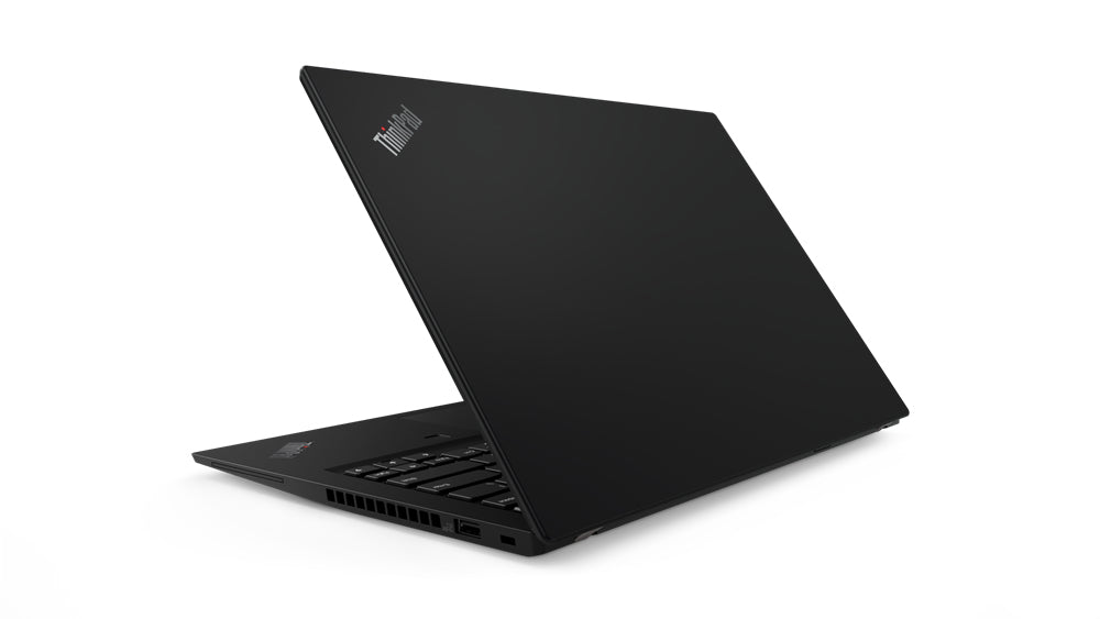 Notebook Lenovo ThinkPad T490s visto da dietro, design nero elegante e sottile. Perfetto per professionisti e studenti.