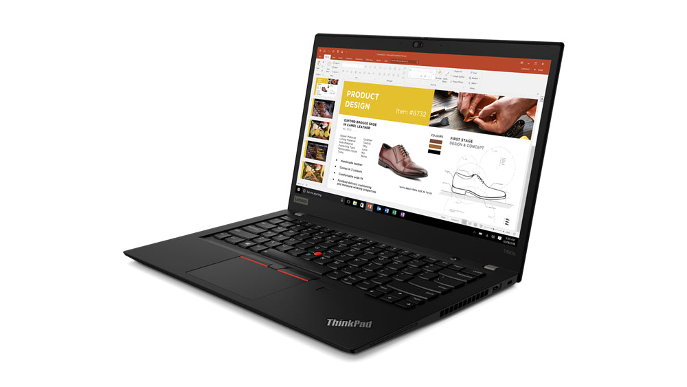 Lenovo ThinkPad T490s con display FullHD Touch da 14 pollici, presentazione PowerPoint aperta. Ideale per produttività e presentazioni.