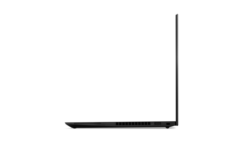 Notebook Lenovo ThinkPad T490s lato destro, design sottile con prese d'aria e porte. Ideale per utilizzo professionale.