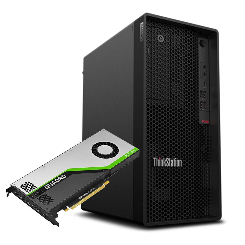 Lenovo ThinkStation P340 Tower con scheda video Nvidia Quadro RTX 4000, perfetta per grafica e calcoli intensivi.