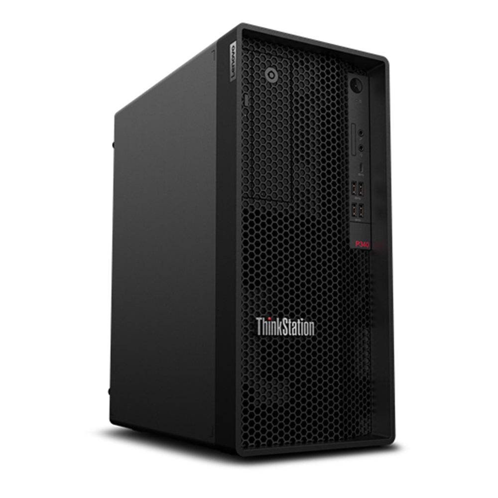 Lenovo ThinkStation P340 Tower con design compatto e griglia frontale nera, ideale per professionisti e aziende.