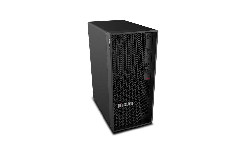 Lenovo ThinkStation P340 Tower vista dall'alto con design compatto e porte frontali accessibili.