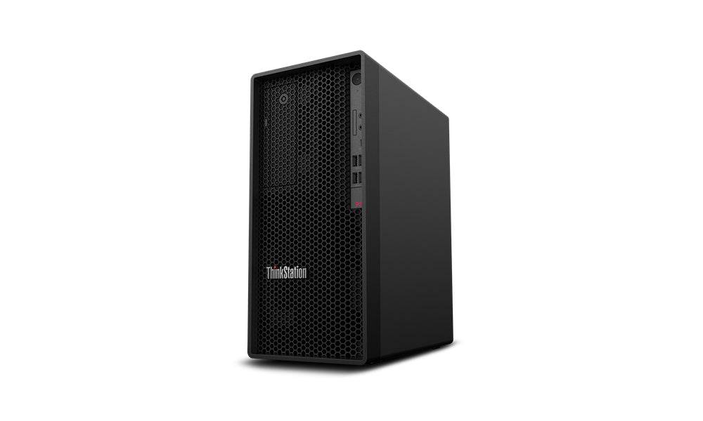 Lenovo ThinkStation P340 Tower con design professionale e porte frontali per un utilizzo versatile.