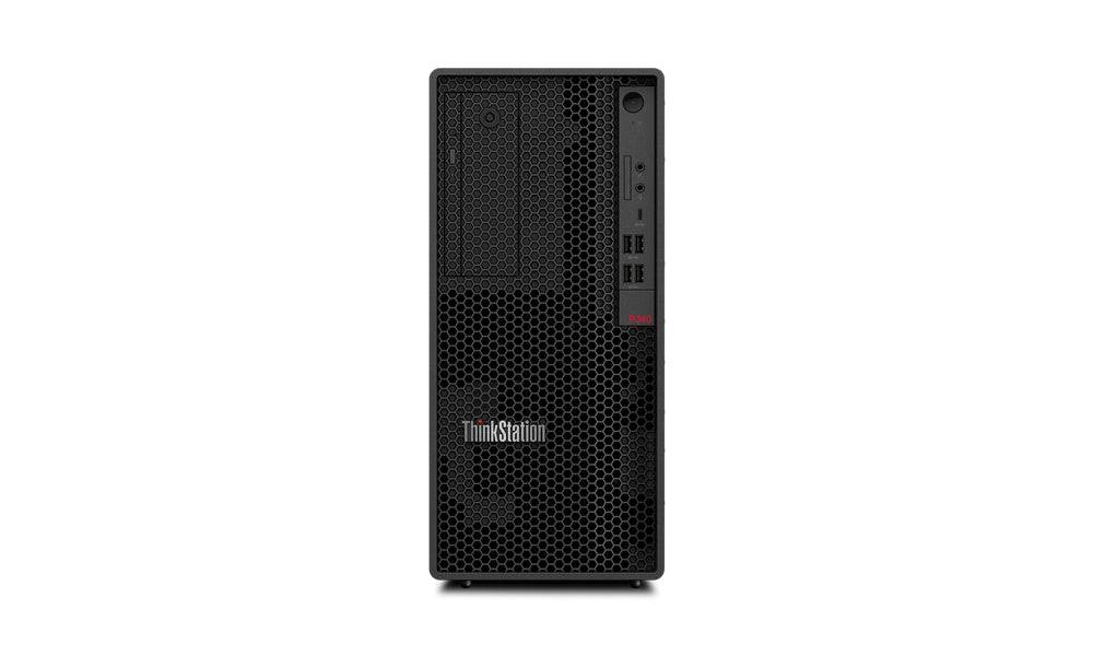 Vista frontale della Lenovo ThinkStation P340 Tower con griglia nera e logo ThinkStation ben visibile.