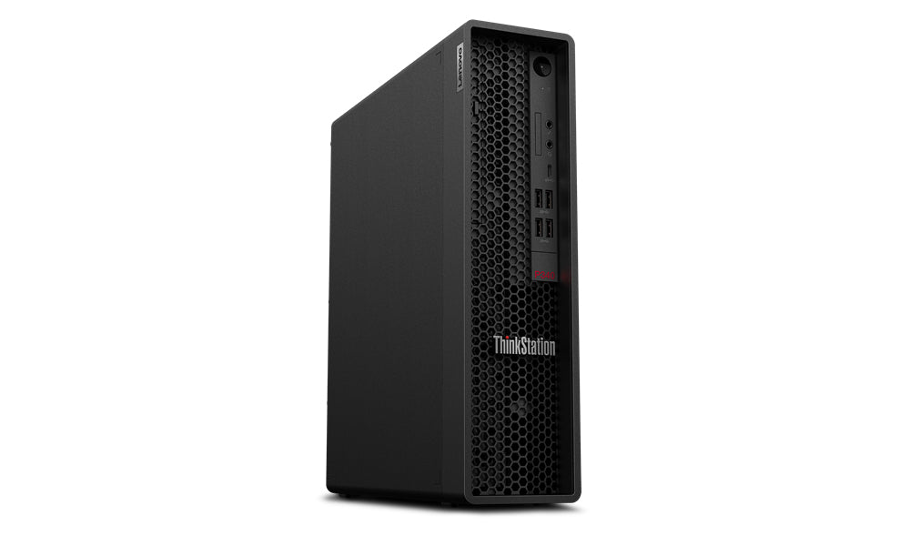 Vista frontale del Lenovo ThinkStation P340 con porte USB e pulsante di accensione facilmente accessibili.