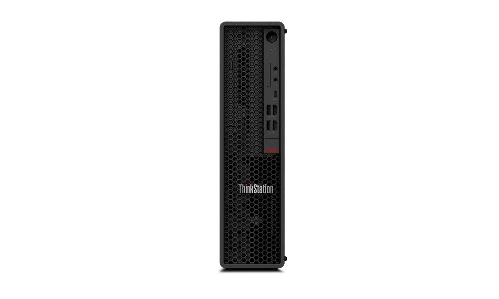 Lenovo ThinkStation P340 in posizione verticale, con design elegante e prestazioni potenti per applicazioni professionali.