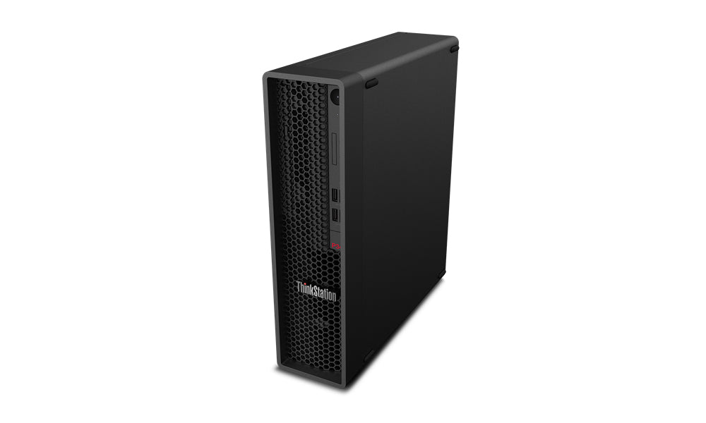 Lenovo ThinkStation P340 con griglia frontale ventilata, progettato per alte prestazioni e raffreddamento ottimale.