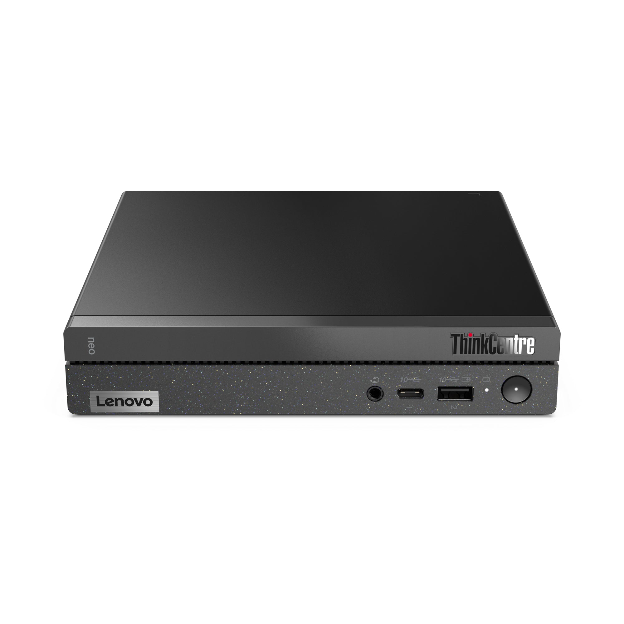 Vista frontale del Lenovo Ts Neo50Q mini PC con logo ThinkCentre, porte USB e jack audio. Elegante e pratico per ogni spazio.