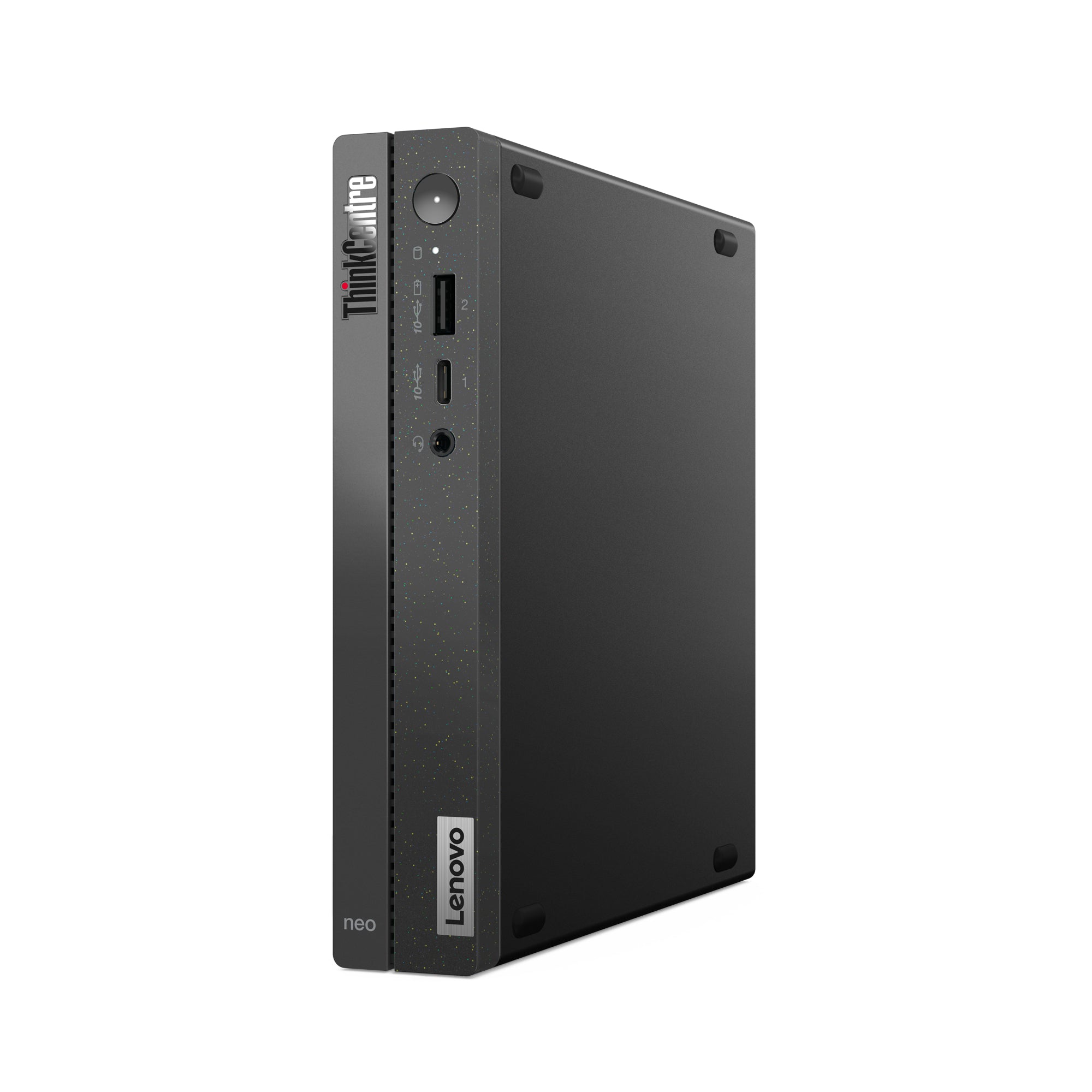 Lenovo Ts Neo50Q mini PC in posizione verticale con design moderno e porte frontali accessibili. Ideale per ufficio e casa.