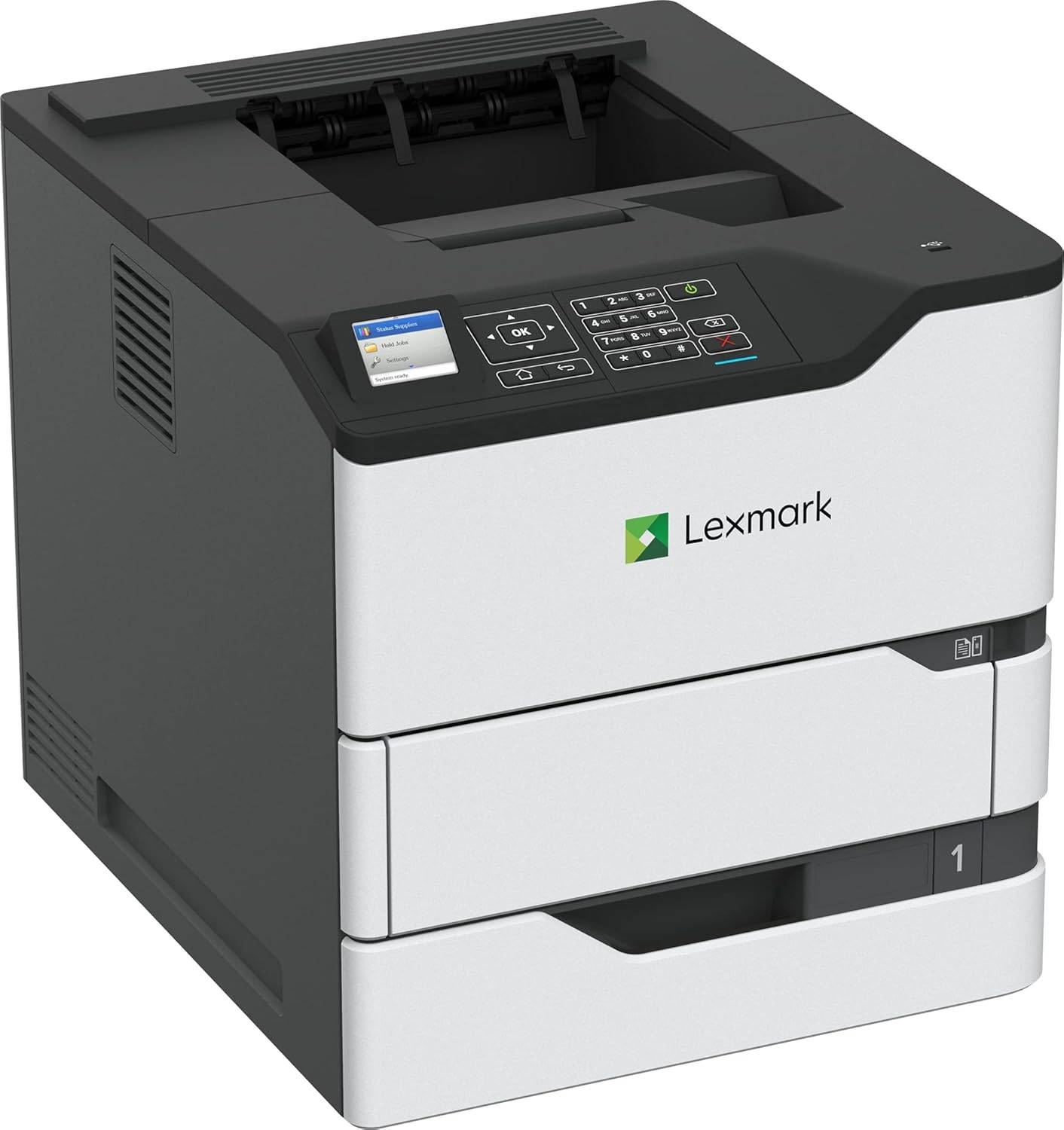 Vista laterale della Lexmark MS823DN, stampante laser monocromatica A4 con 65 ppm, fronte/retro automatico e rete integrata.