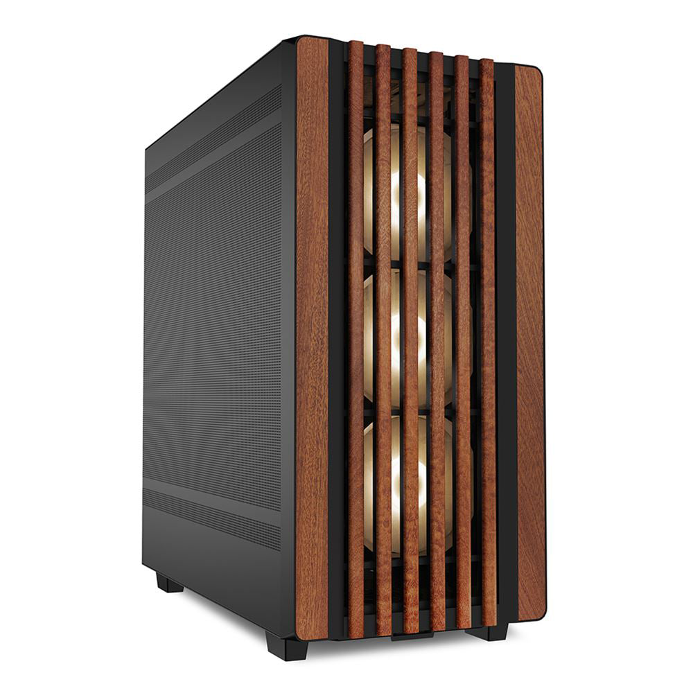 Case del PC professionale CAD con pannelli in legno e tre ventole frontali RGB. Struttura robusta e ventilazione ottimizzata per alte prestazioni.