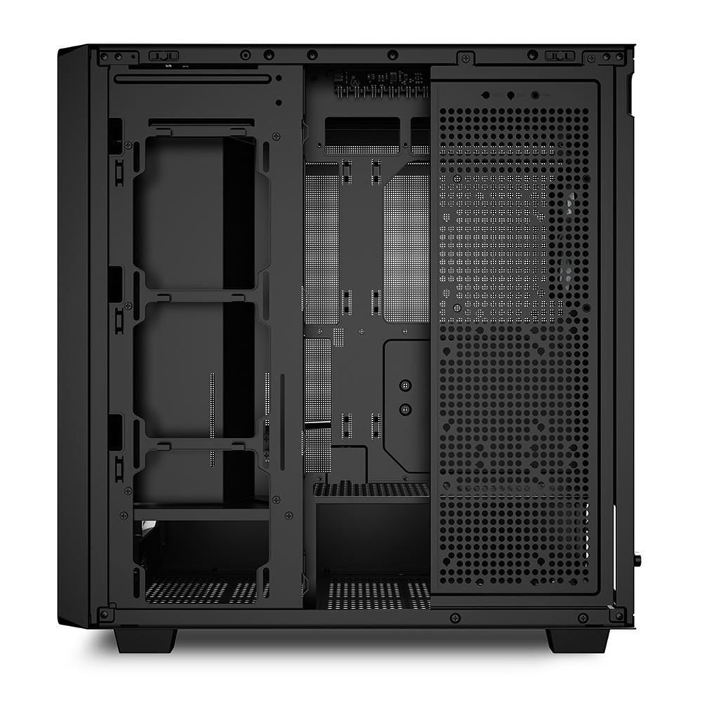 Vista laterale interna del case del PC professionale CAD con alloggiamenti per SSD e HDD. Struttura modulare per un'installazione semplice.