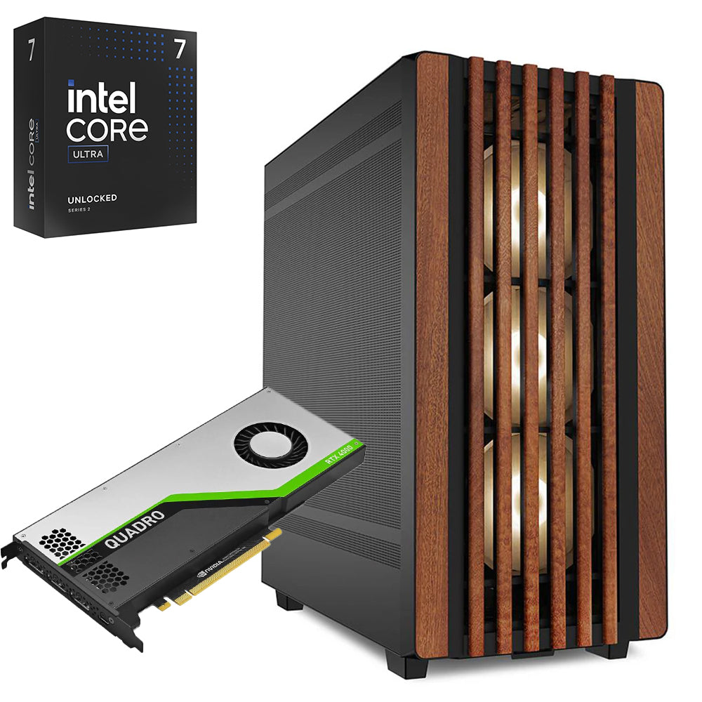 PC professionale CAD con Intel Core Ultra 7 e Nvidia Quadro RTX 4000. Design elegante con pannelli in legno e raffreddamento avanzato per prestazioni elevate.