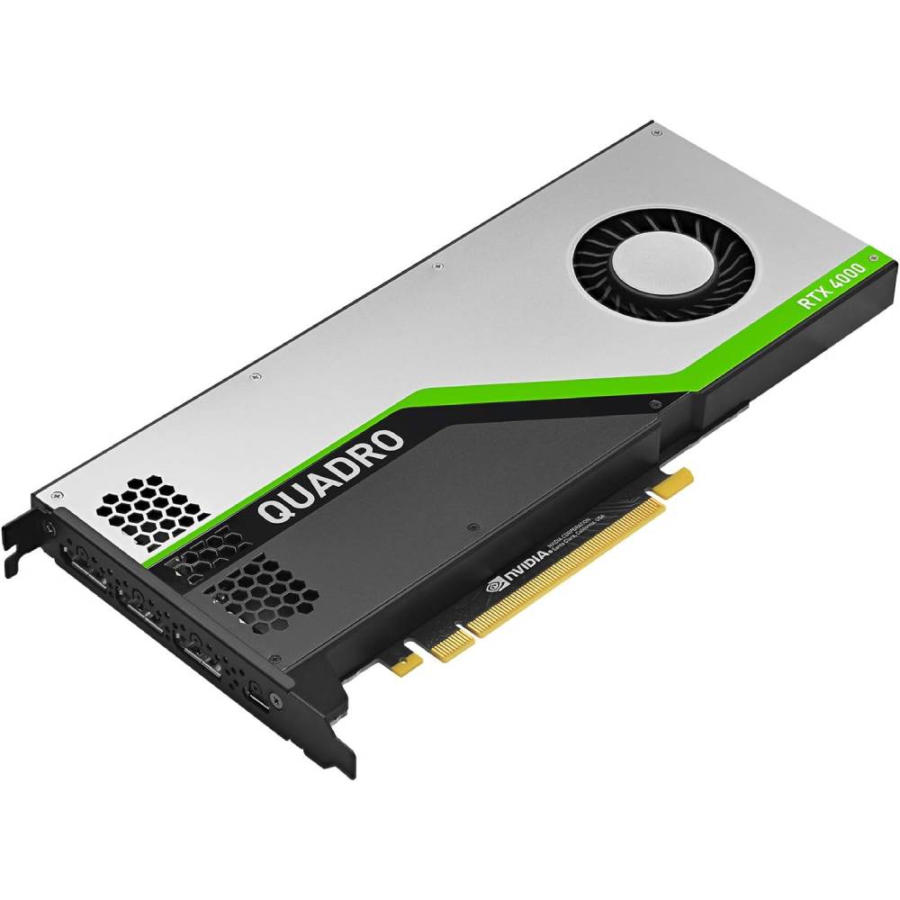 Scheda grafica Nvidia Quadro RTX 4000 con design professionale e supporto per rendering grafico avanzato.