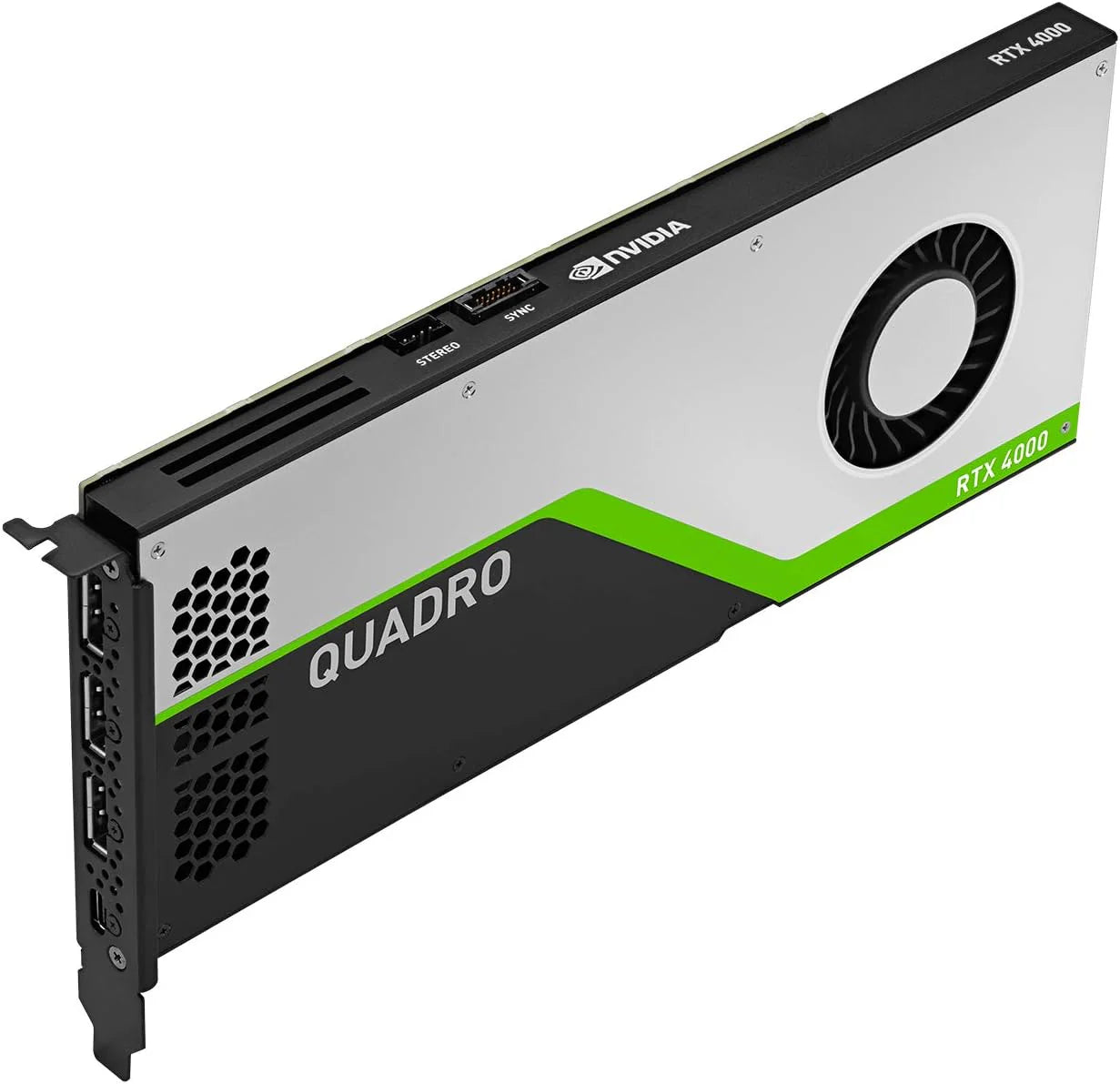 Vista angolata della Nvidia Quadro RTX 4000, scheda grafica professionale per CAD e rendering. Prestazioni elevate per progettazione avanzata.