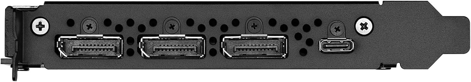 Porte di uscita della Nvidia Quadro RTX 4000 con tre DisplayPort e una USB-C. Supporto per configurazioni multi-monitor ad alta risoluzione.