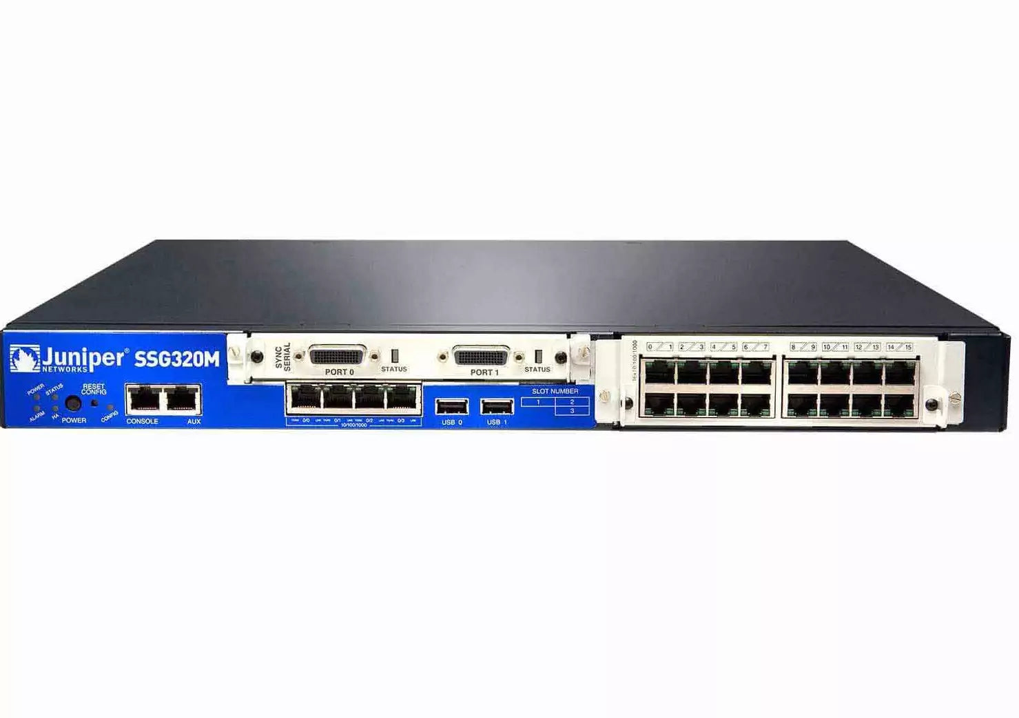 Juniper SSG-320M Gateway Firewall Secure Serv Gateway System, Base Memory (512 MB), 3 PIM Slots AC Power Supply ScreenOS 19" Rack Mount